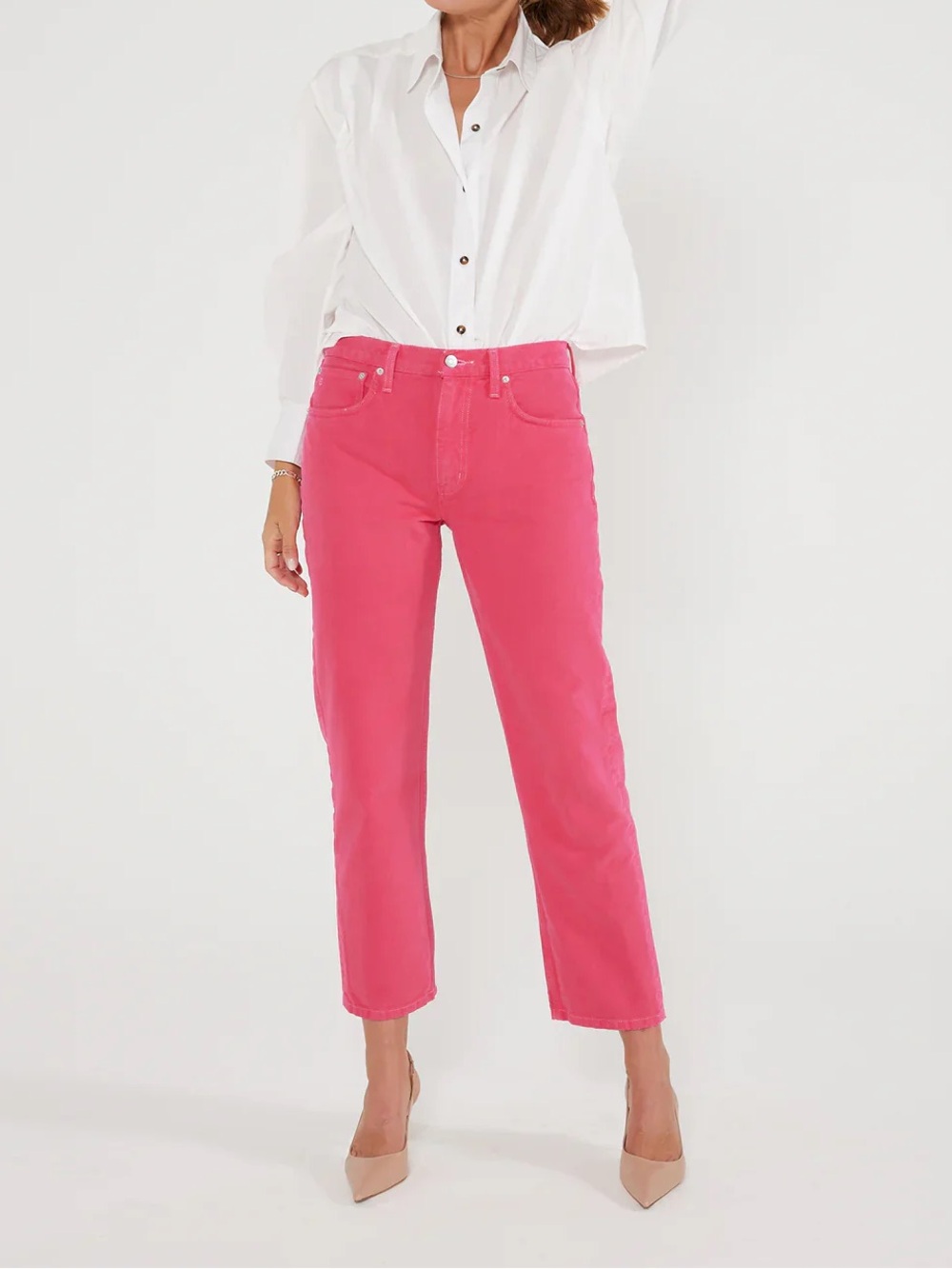 Etica Rhea Mid Rise Straight Jeans in Raspberry Pink Denim
